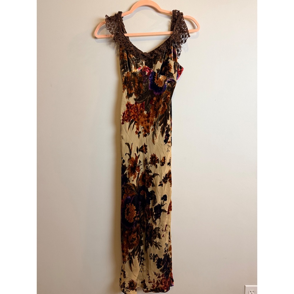 Vintage Y2K Esperanto Brown Velvet Burnout Silk Midi Slip Dress Lace Top Size 2